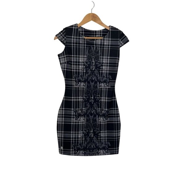 Philipp Plein Black & White Plaid Cap Sleeve Bodycon Graphic Women's Dress Size - Picture 1 of 11